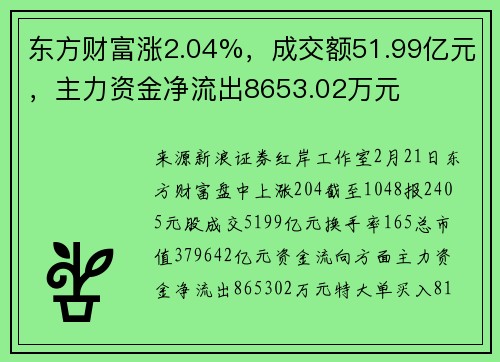 东方财富涨2.04%，成交额51.99亿元，主力资金净流出8653.02万元