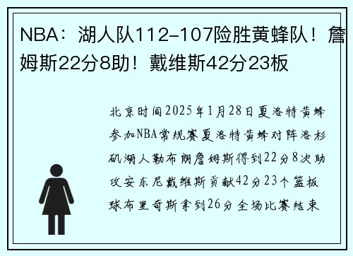 NBA：湖人队112-107险胜黄蜂队！詹姆斯22分8助！戴维斯42分23板