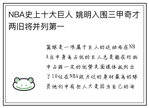 NBA史上十大巨人 姚明入围三甲奇才两旧将并列第一